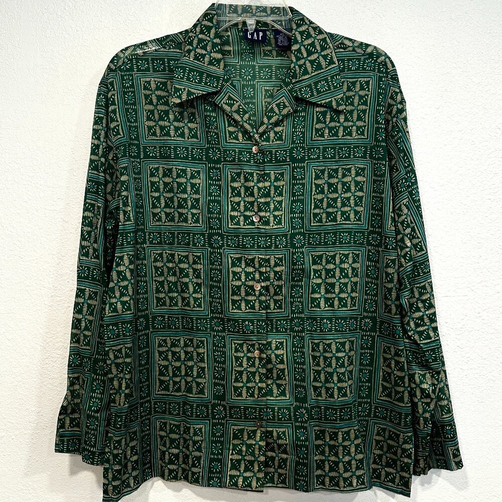 Vintage 90s GAP Blouse Lightweight Long Sleeves Oversized Green MultiColor Sz XS